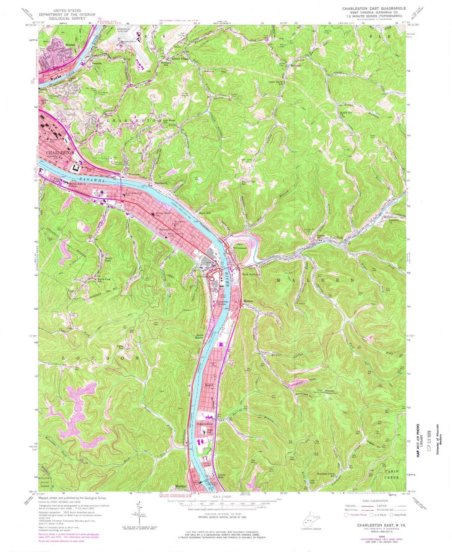 Classic USGS Charleston East West Virginia 7.5'x7.5' Topo Map Image