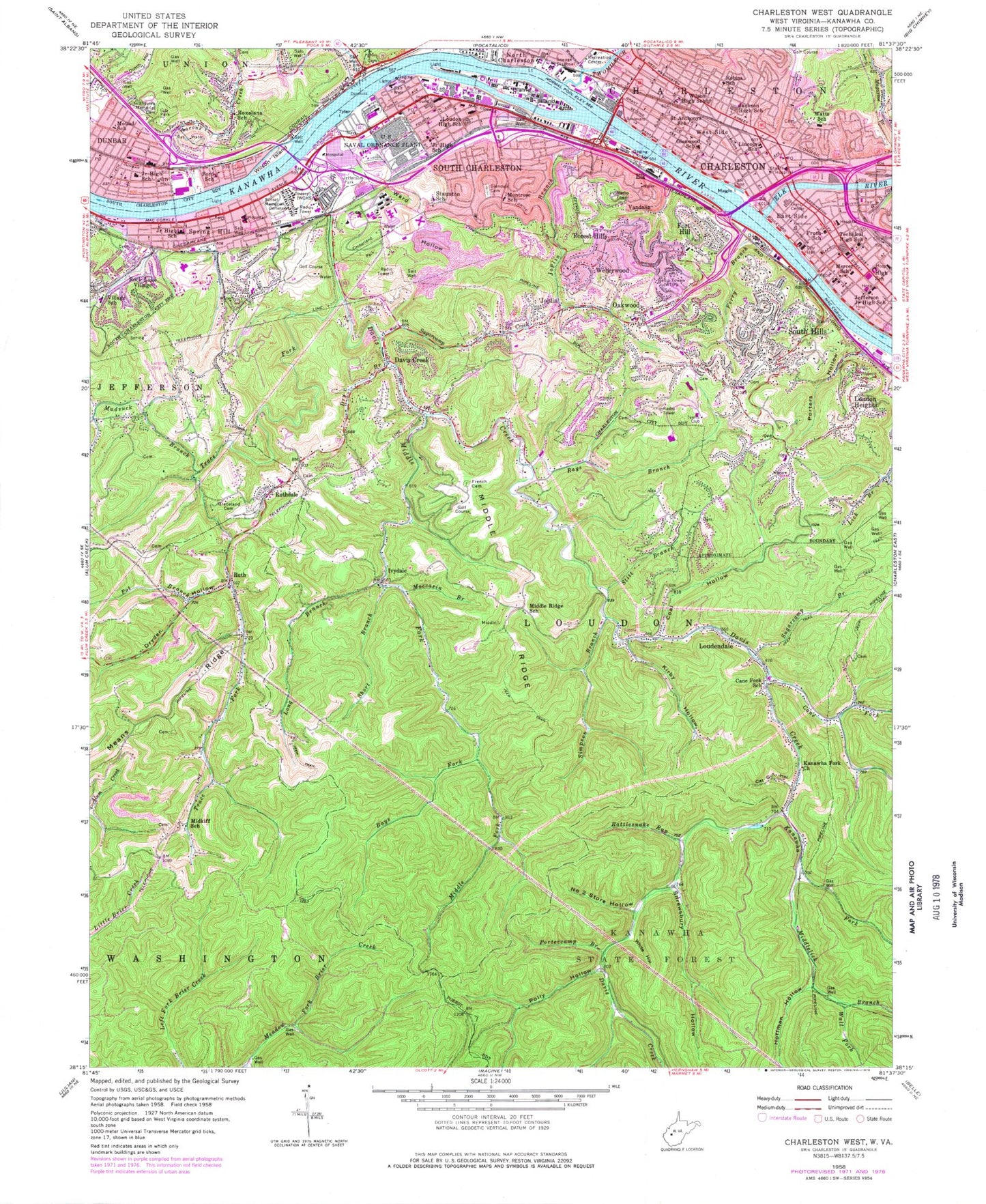 Classic USGS Charleston West West Virginia 7.5'x7.5' Topo Map Image