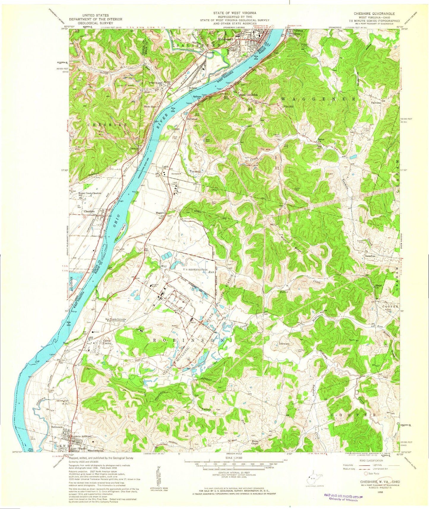 Classic USGS Cheshire Ohio 7.5'x7.5' Topo Map Image