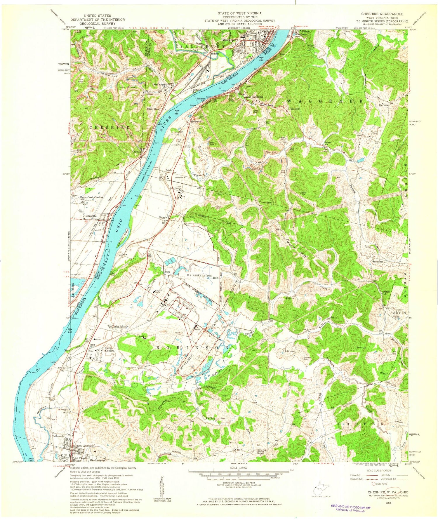 Classic USGS Cheshire Ohio 7.5'x7.5' Topo Map Image