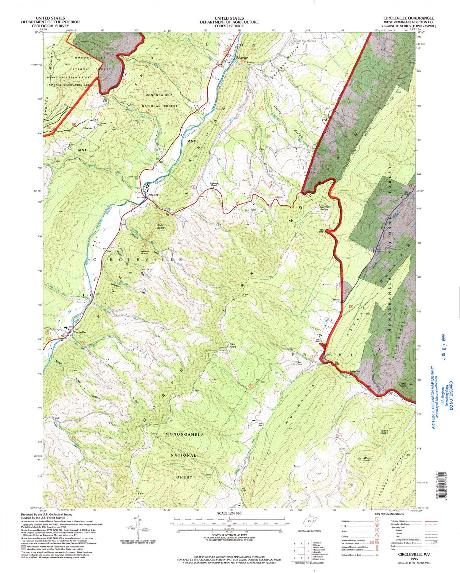 Classic USGS Circleville West Virginia 7.5'x7.5' Topo Map Image