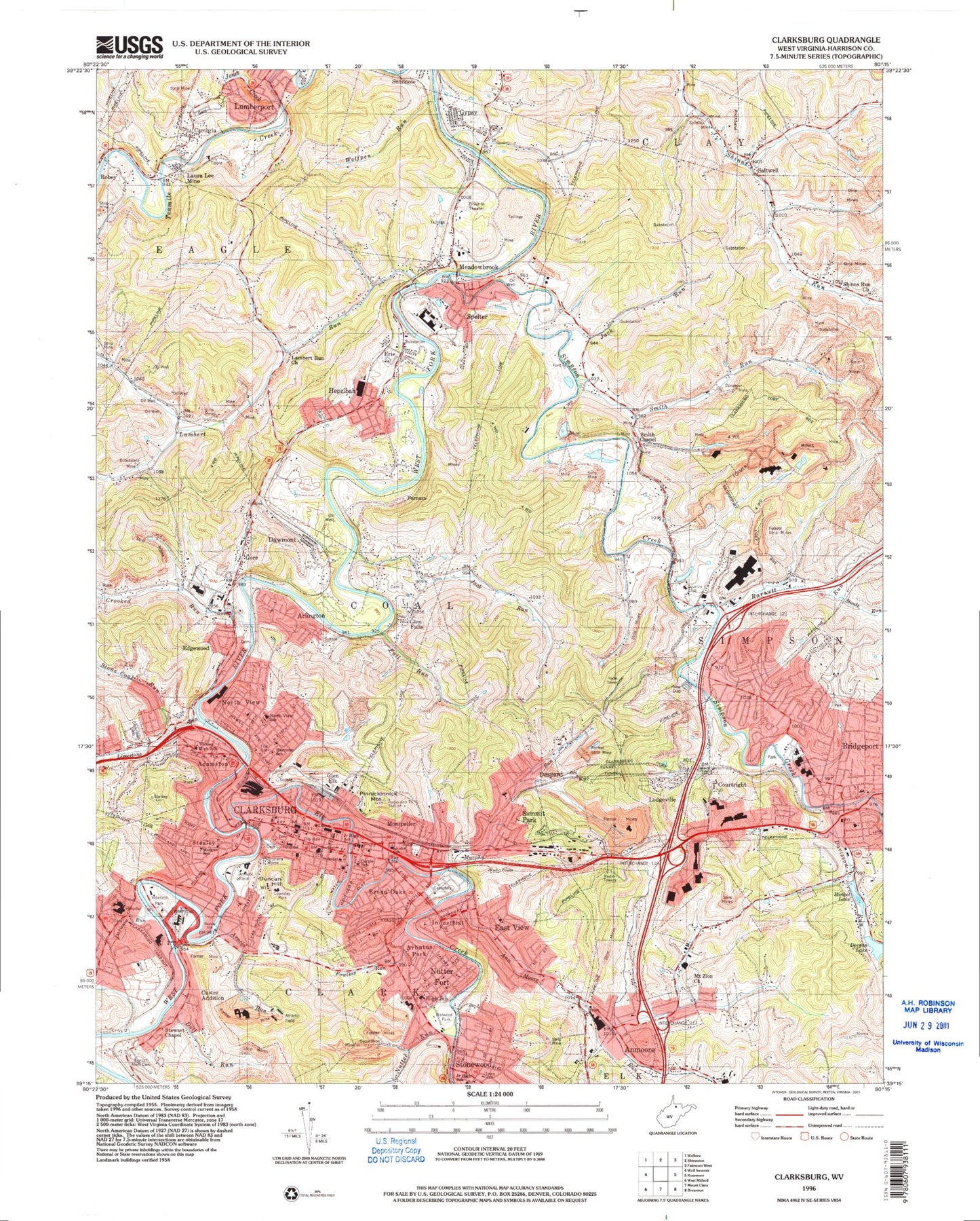 Classic USGS Clarksburg West Virginia 7.5'x7.5' Topo Map Image