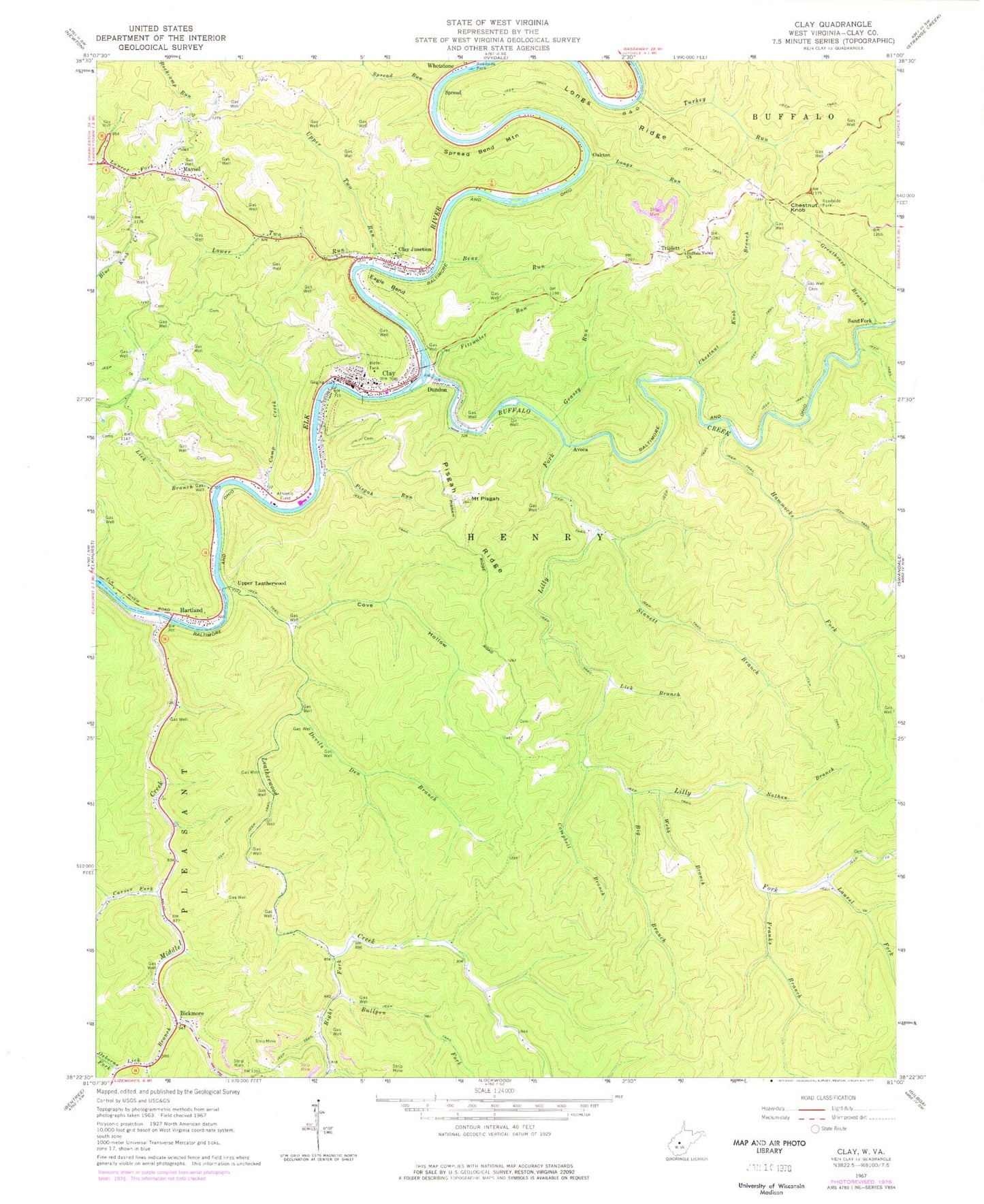 Classic USGS Clay West Virginia 7.5'x7.5' Topo Map Image