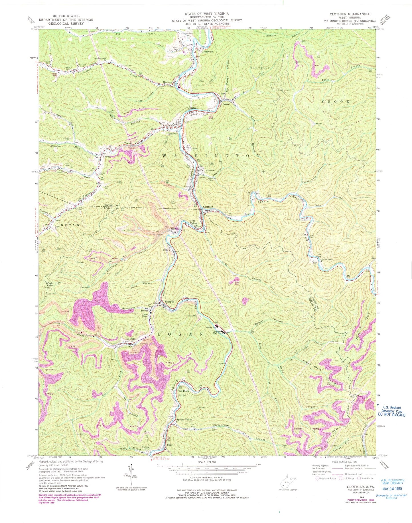 Classic USGS Clothier West Virginia 7.5'x7.5' Topo Map Image