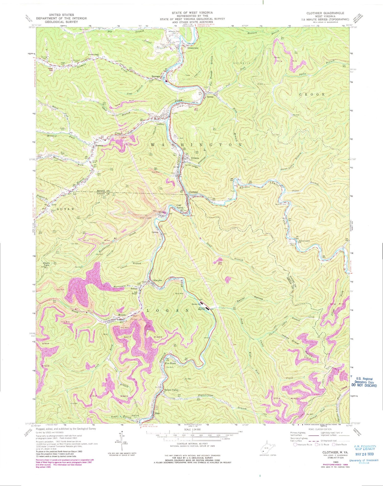 Classic USGS Clothier West Virginia 7.5'x7.5' Topo Map Image