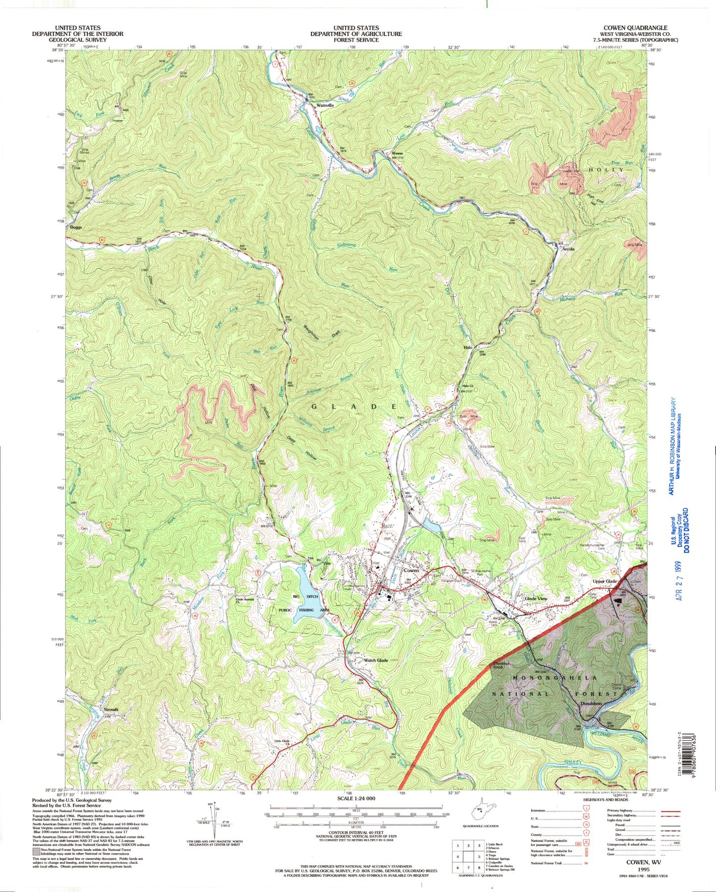 Classic USGS Cowen West Virginia 7.5'x7.5' Topo Map Image