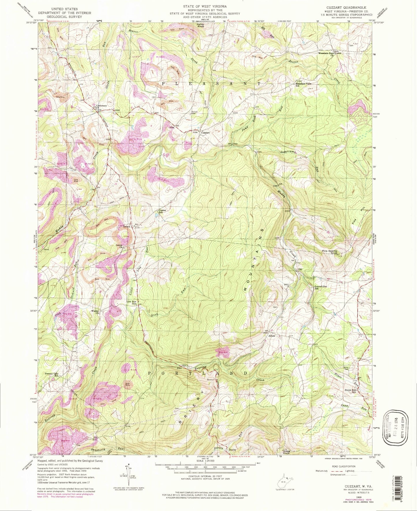 Classic USGS Cuzzart West Virginia 7.5'x7.5' Topo Map Image