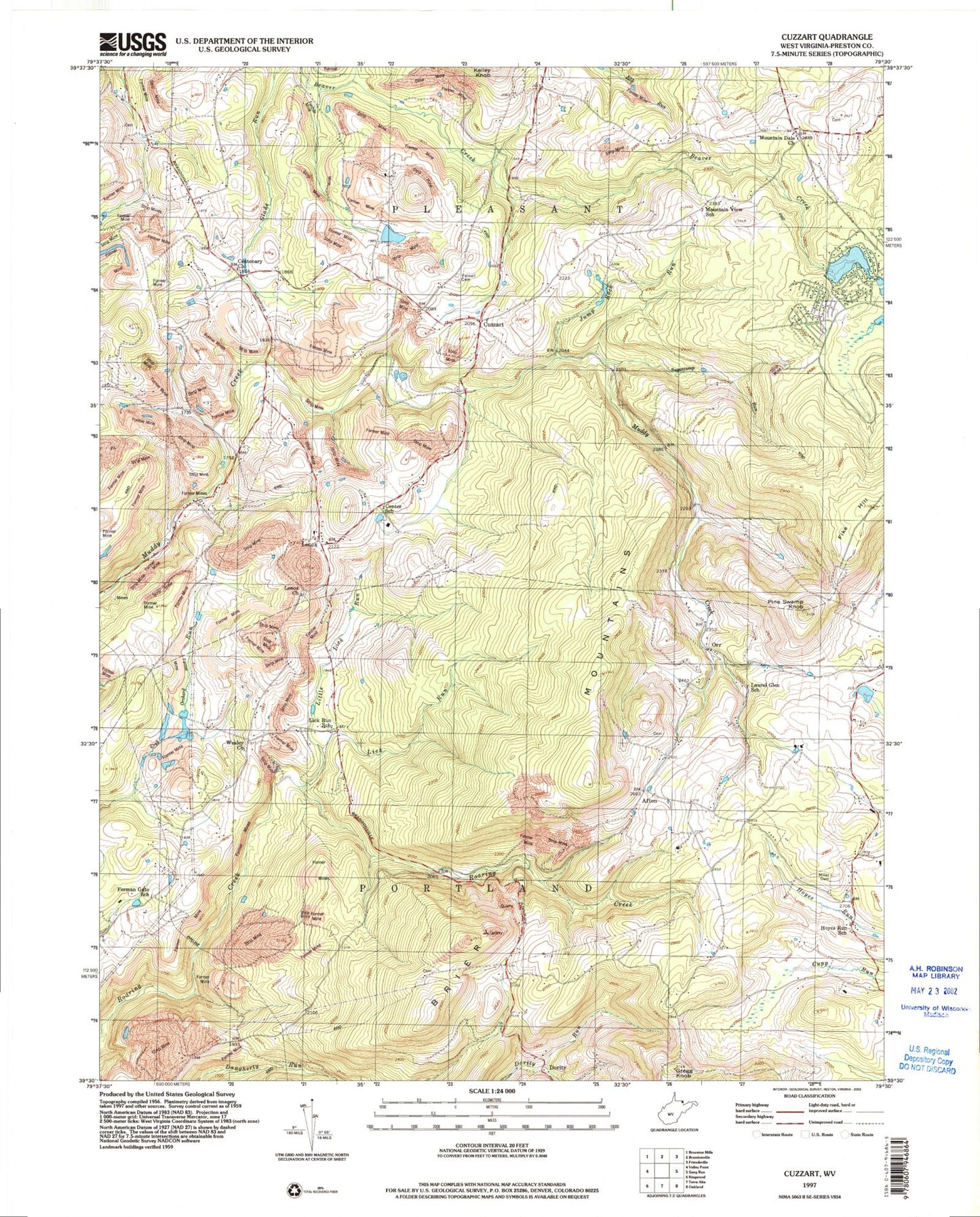 Classic USGS Cuzzart West Virginia 7.5'x7.5' Topo Map Image