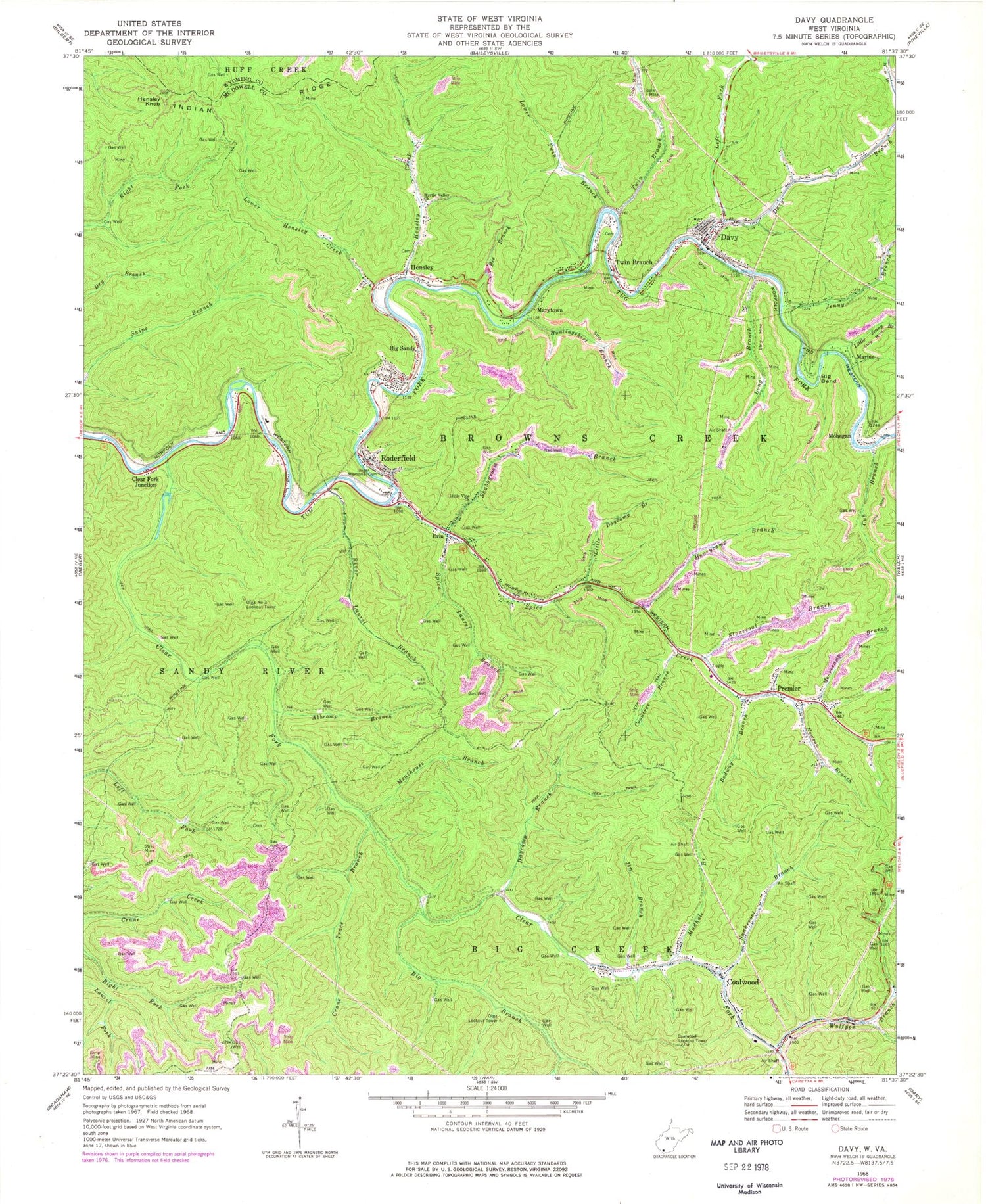 Classic USGS Davy West Virginia 7.5'x7.5' Topo Map Image