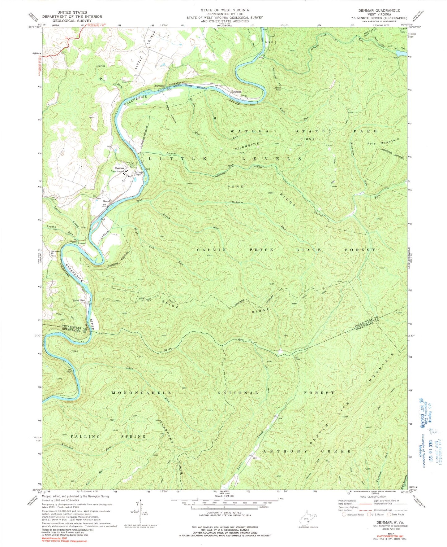 Classic USGS Denmar West Virginia 7.5'x7.5' Topo Map Image