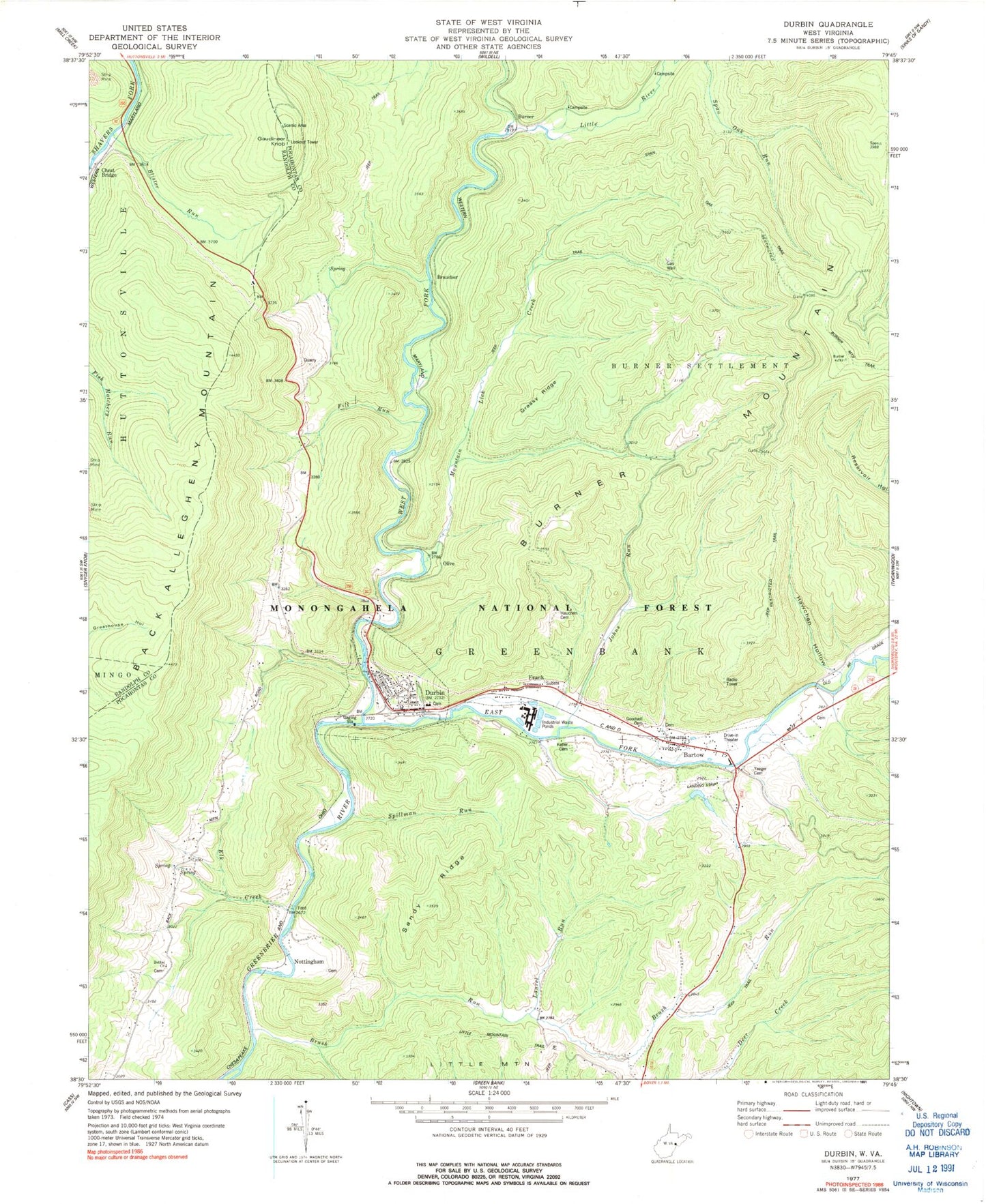 Classic USGS Durbin West Virginia 7.5'x7.5' Topo Map Image