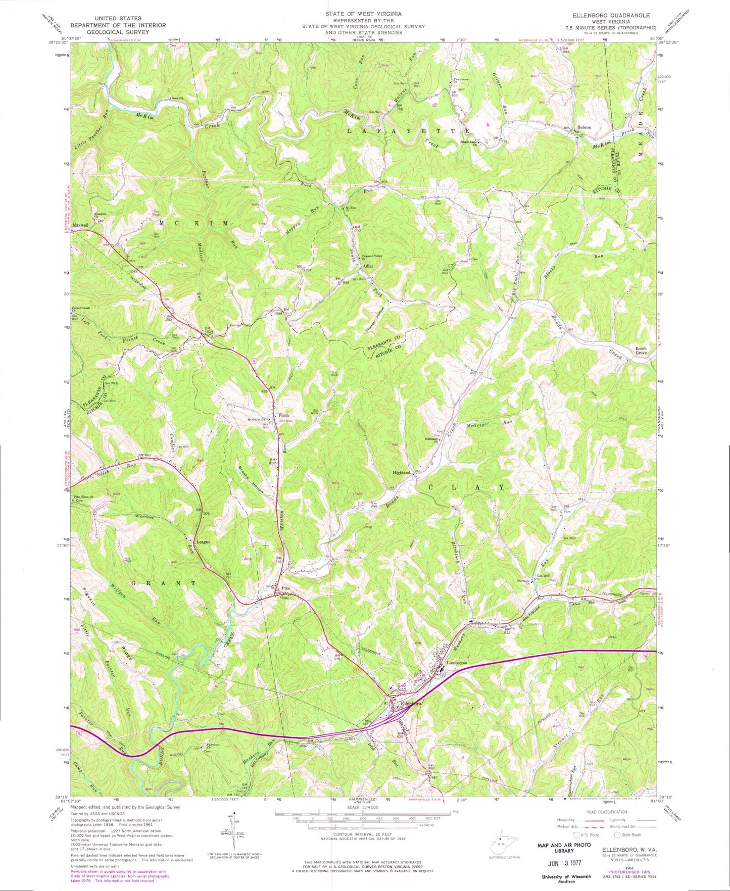 Classic USGS Ellenboro West Virginia 7.5'x7.5' Topo Map Image