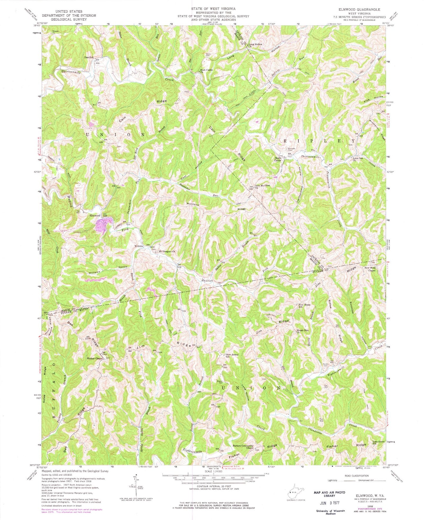 Classic USGS Elmwood West Virginia 7.5'x7.5' Topo Map Image