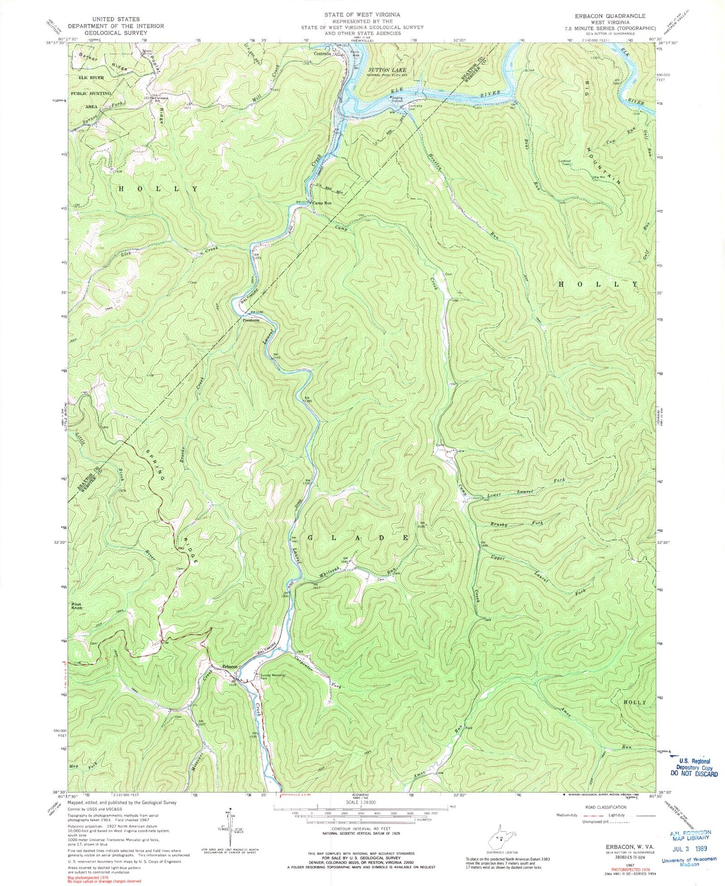 Classic USGS Erbacon West Virginia 7.5'x7.5' Topo Map Image