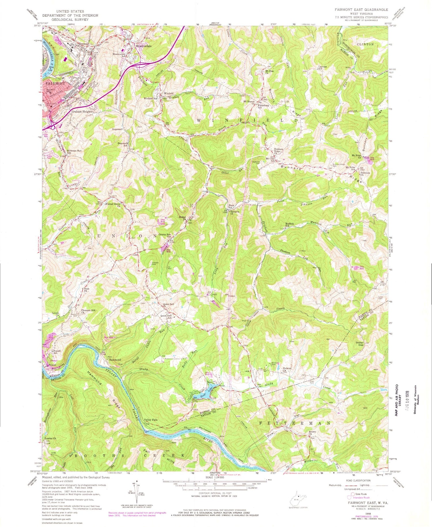 Classic USGS Fairmont East West Virginia 7.5'x7.5' Topo Map Image