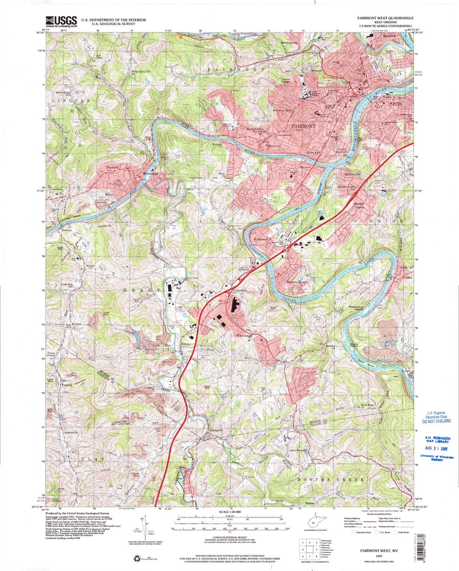 Classic USGS Fairmont West West Virginia 7.5'x7.5' Topo Map Image