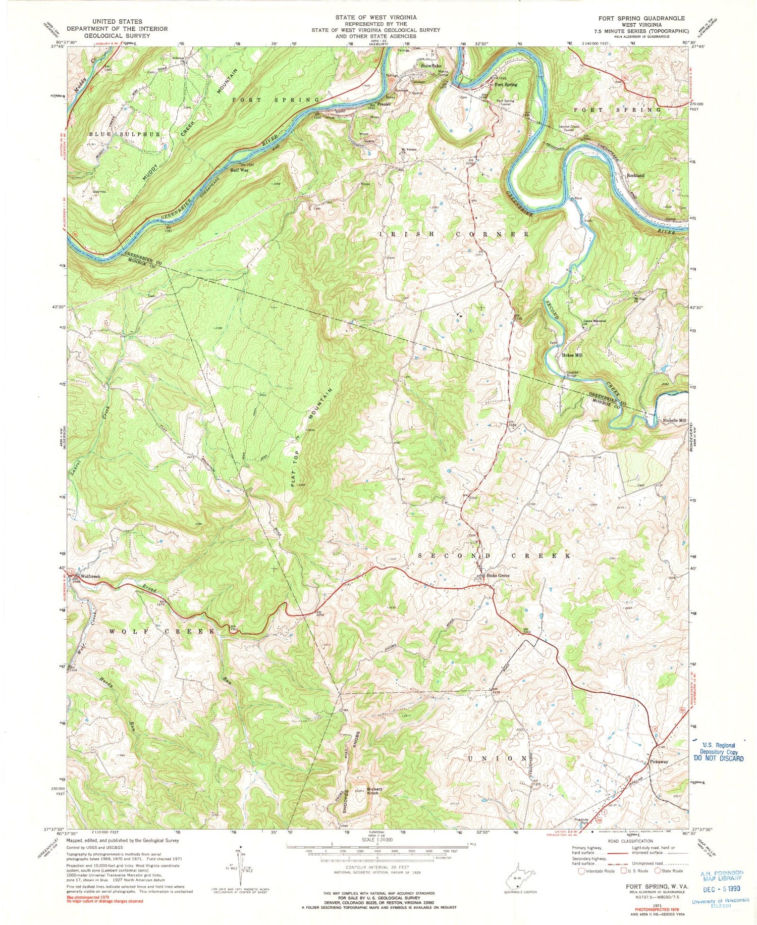 Classic USGS Fort Spring West Virginia 7.5'x7.5' Topo Map Image