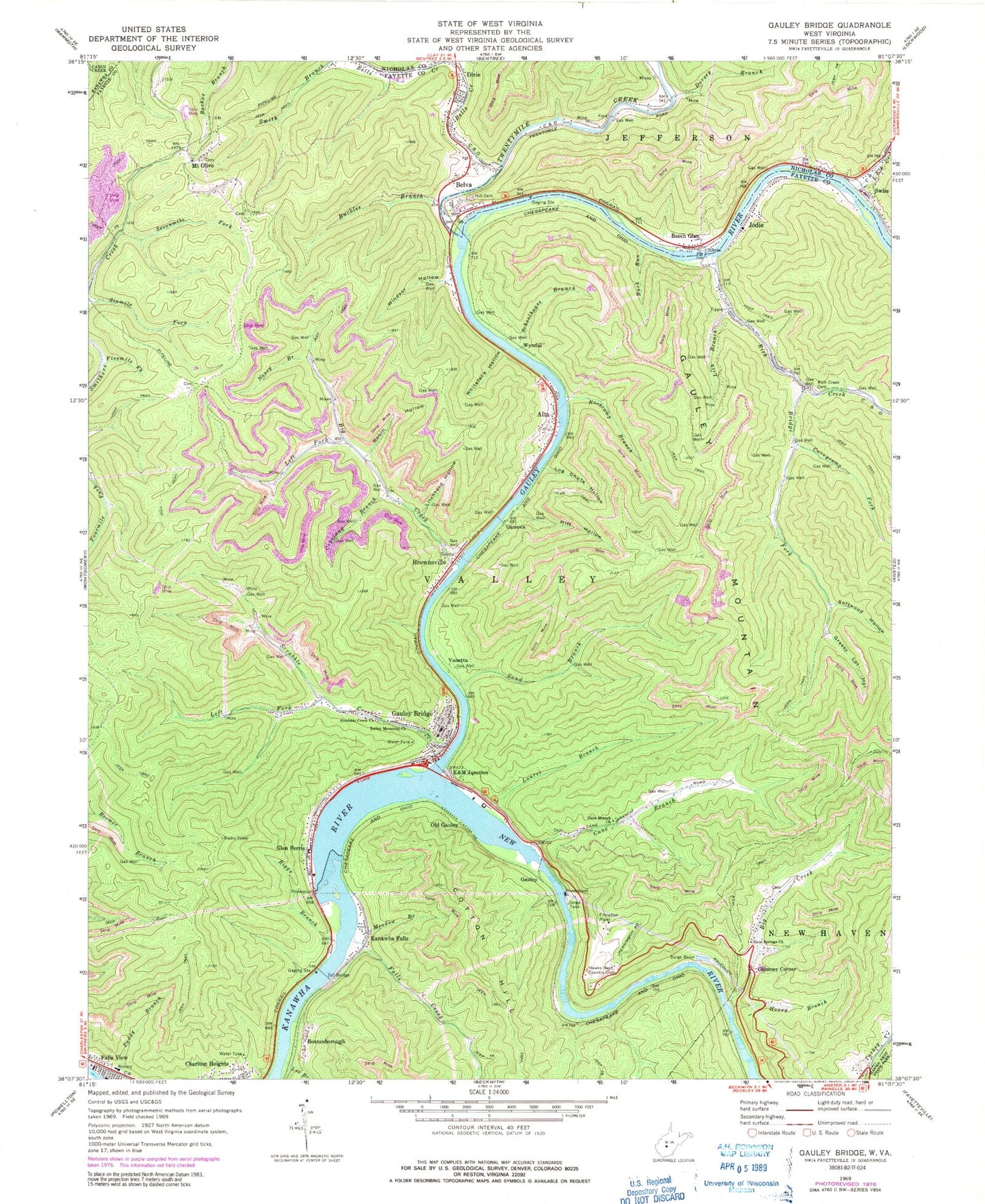 Classic USGS Gauley Bridge West Virginia 7.5'x7.5' Topo Map Image
