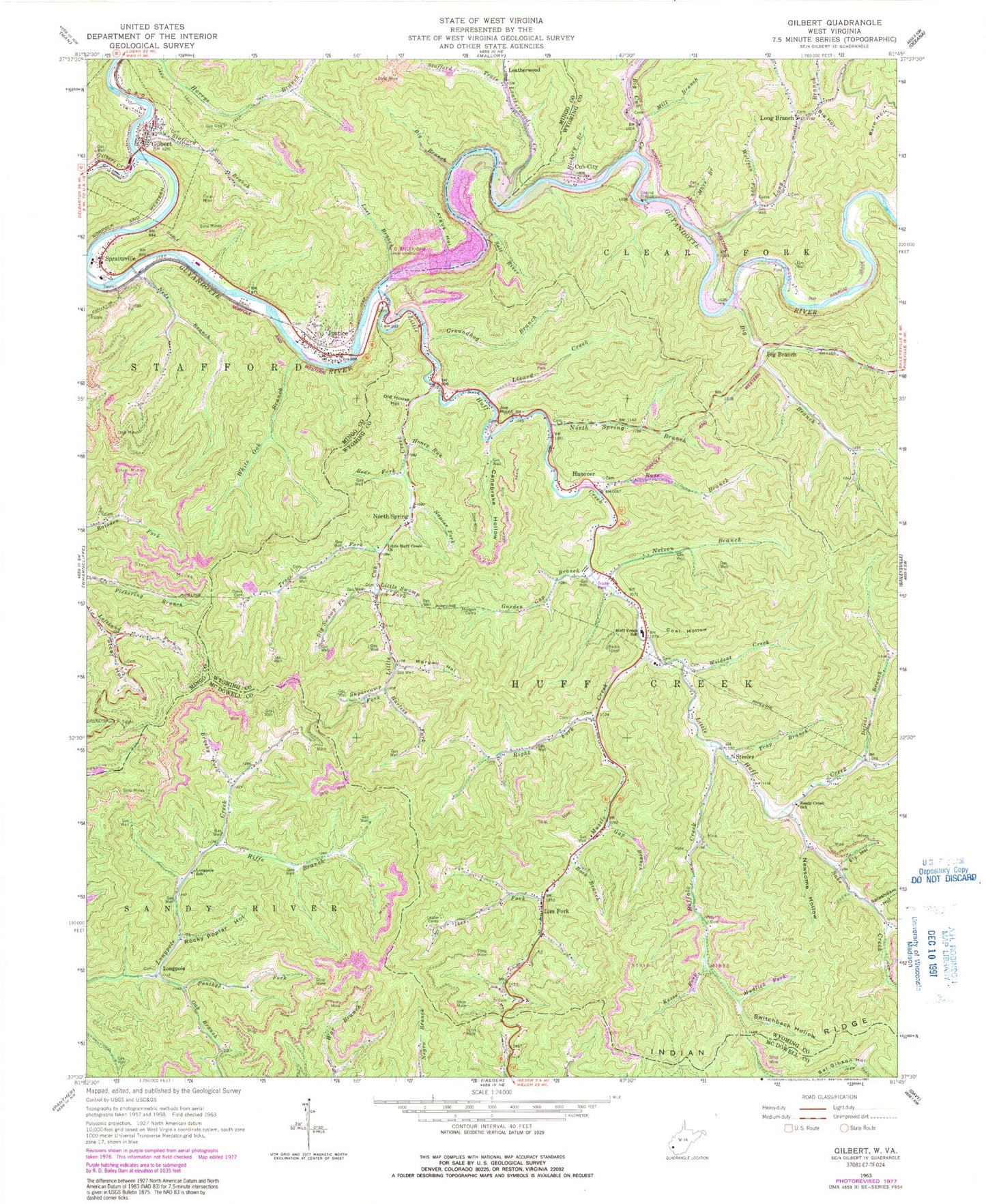 Classic USGS Gilbert West Virginia 7.5'x7.5' Topo Map Image
