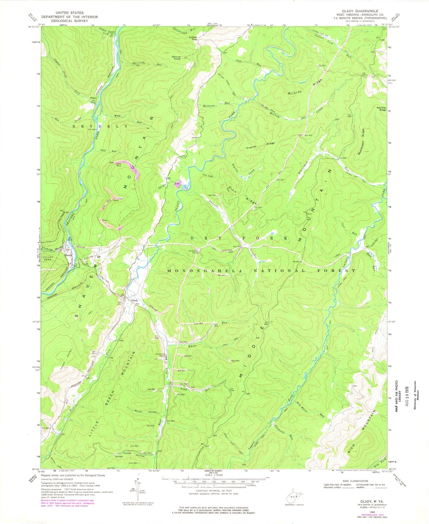 Classic USGS Glady West Virginia 7.5'x7.5' Topo Map Image