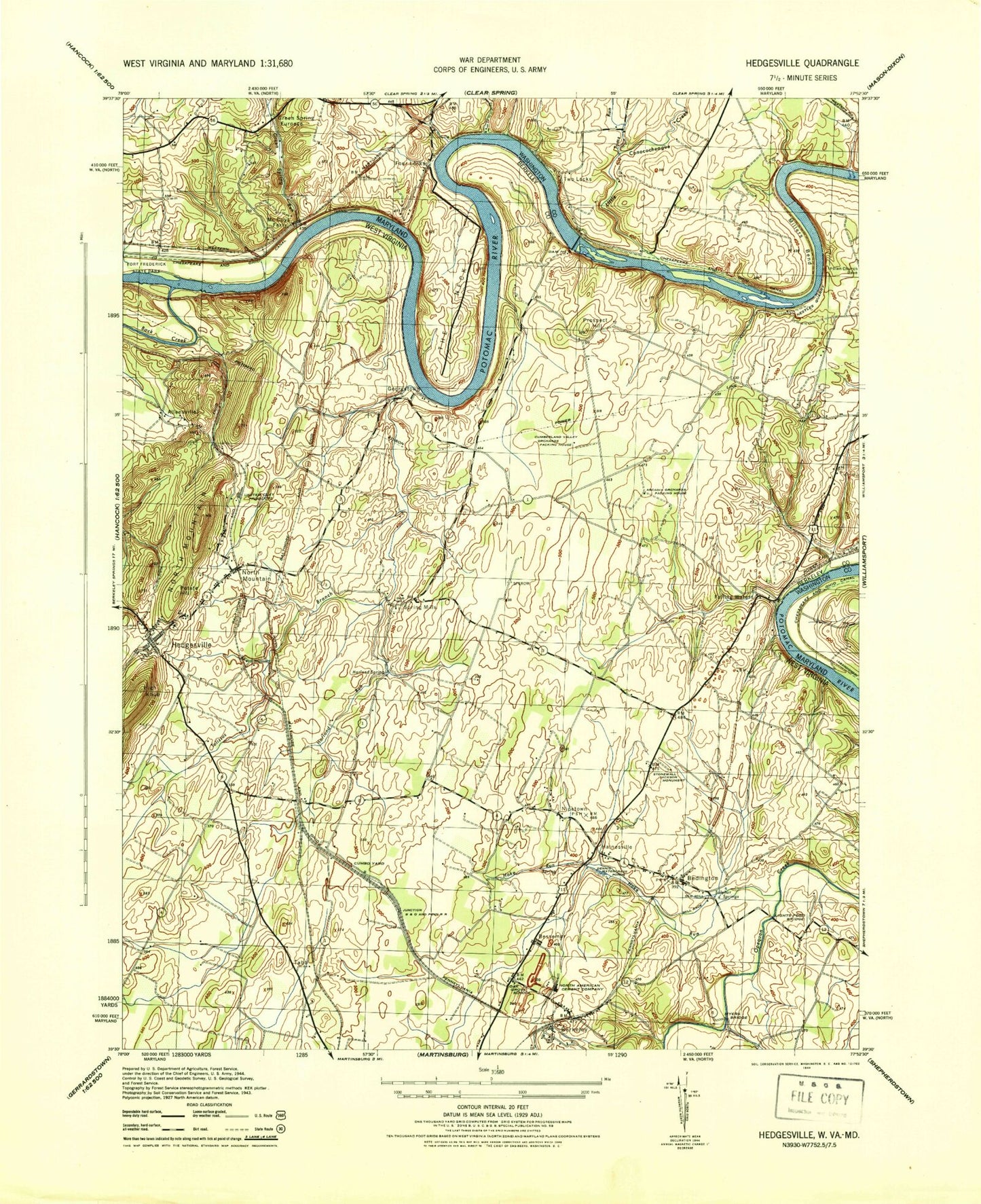 Classic USGS Hedgesville West Virginia 7.5'x7.5' Topo Map Image