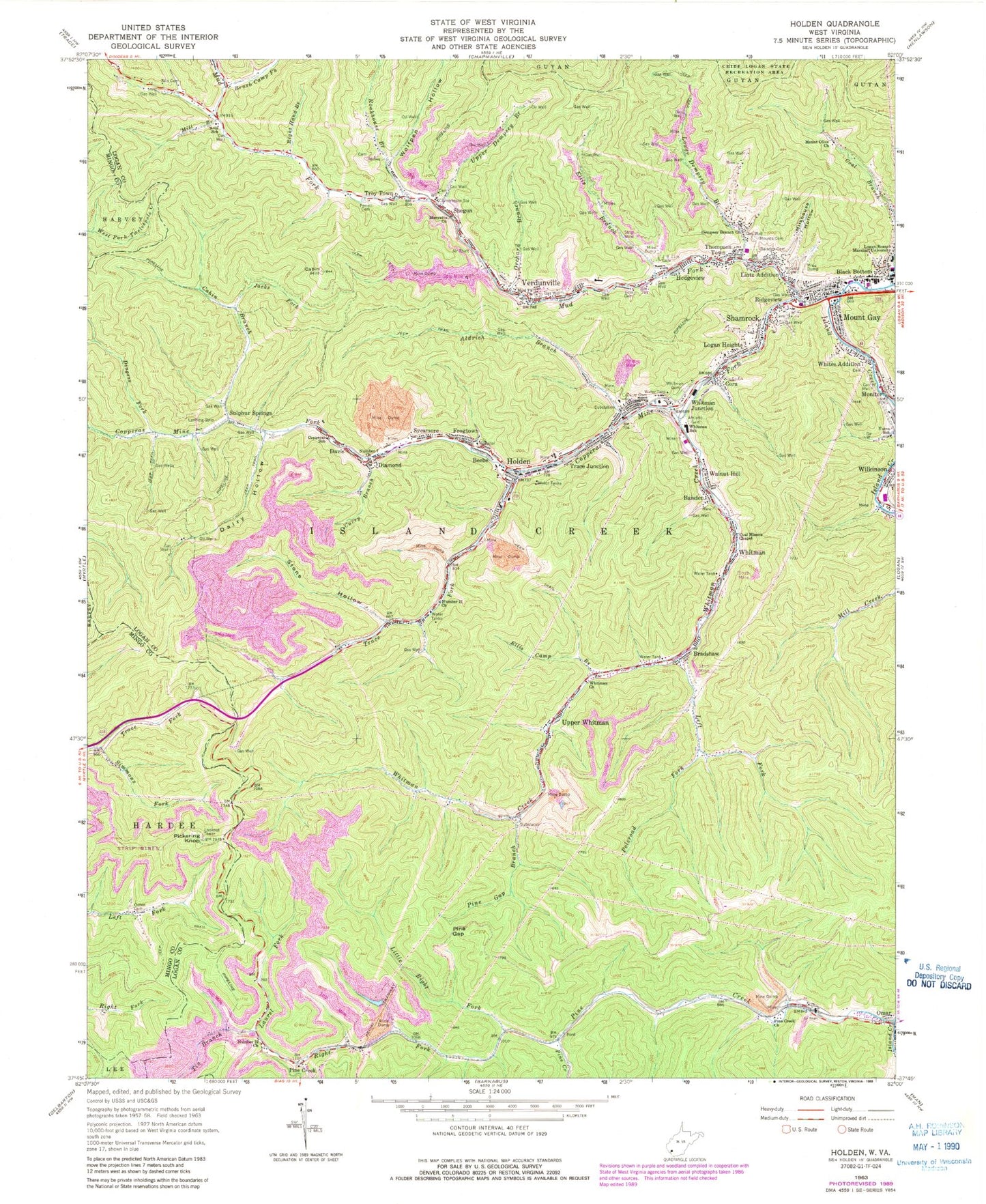 Classic USGS Holden West Virginia 7.5'x7.5' Topo Map Image
