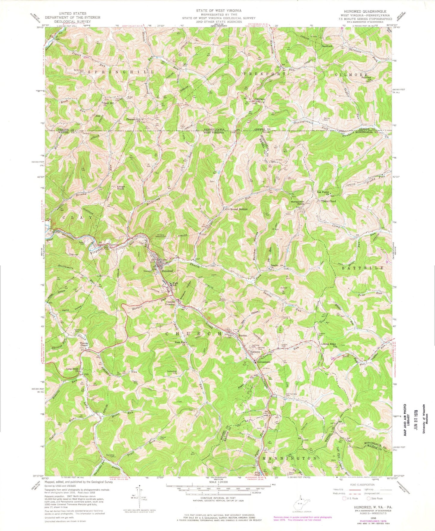 Classic USGS Hundred West Virginia 7.5'x7.5' Topo Map Image