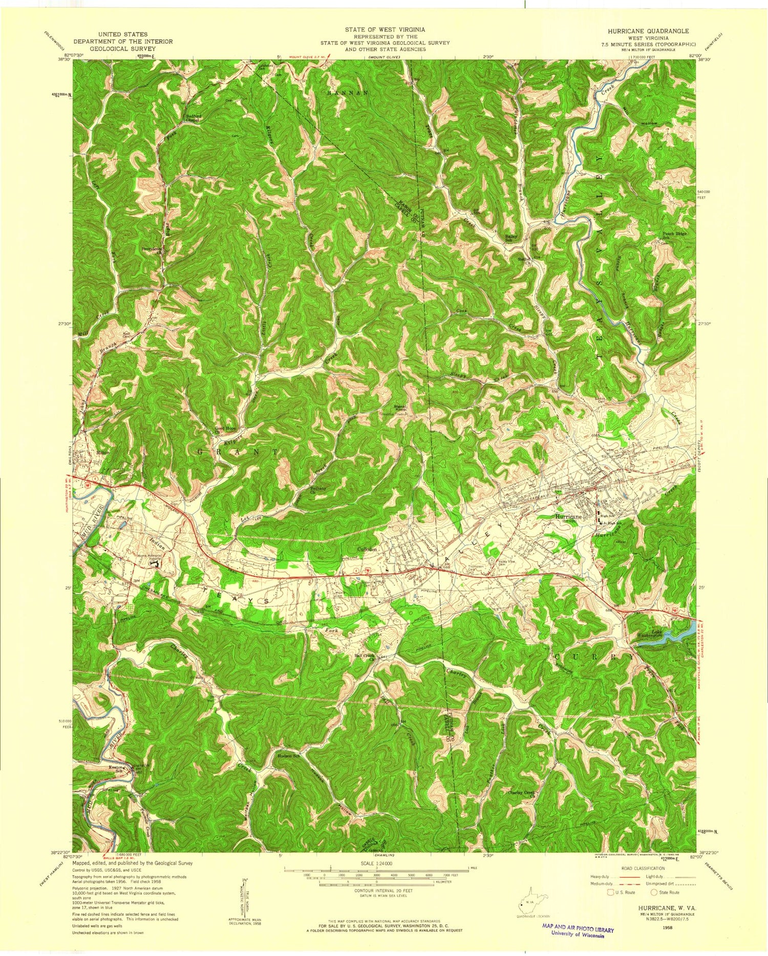 Classic USGS Hurricane West Virginia 7.5'x7.5' Topo Map Image