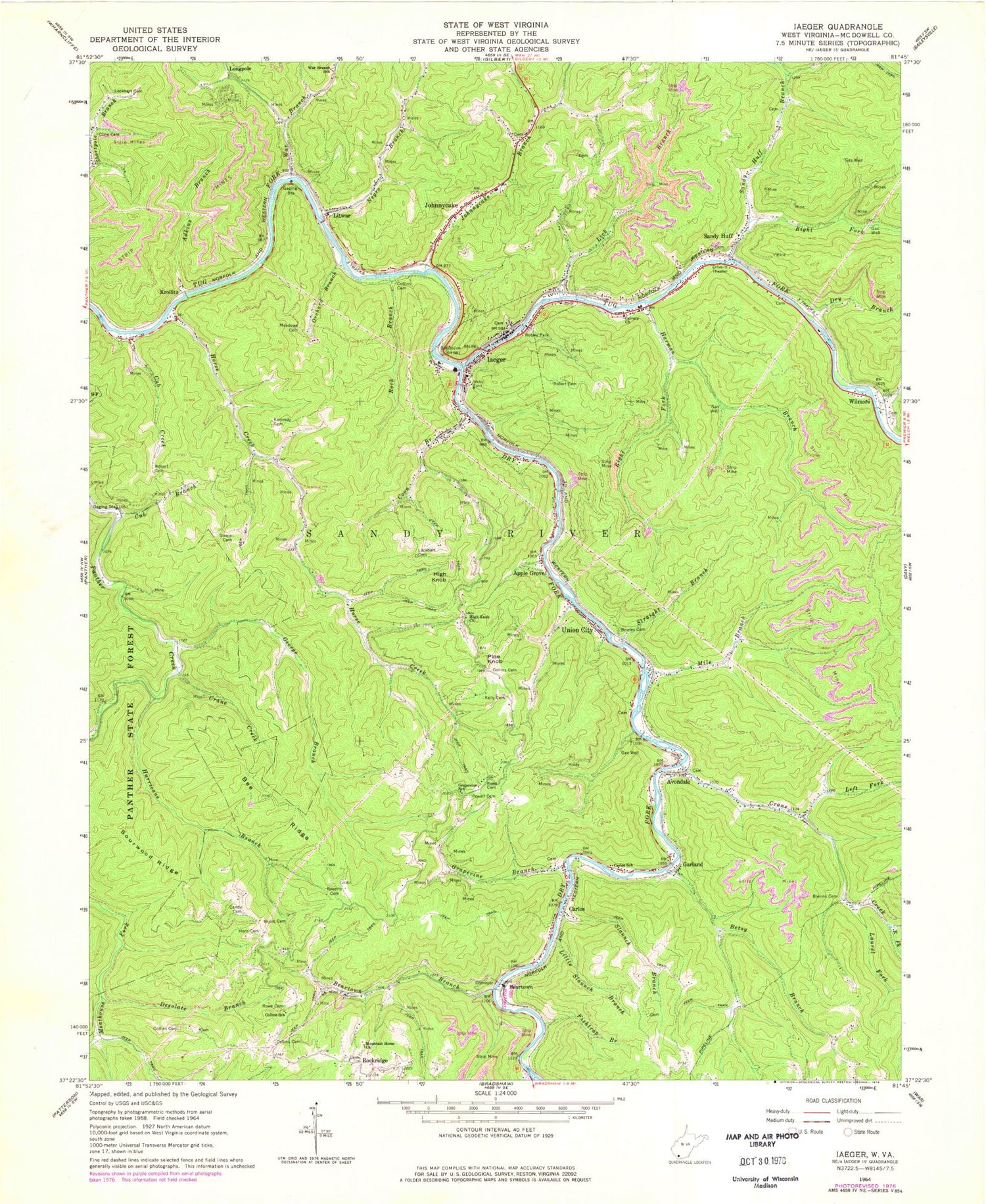 Classic USGS Iaeger West Virginia 7.5'x7.5' Topo Map Image