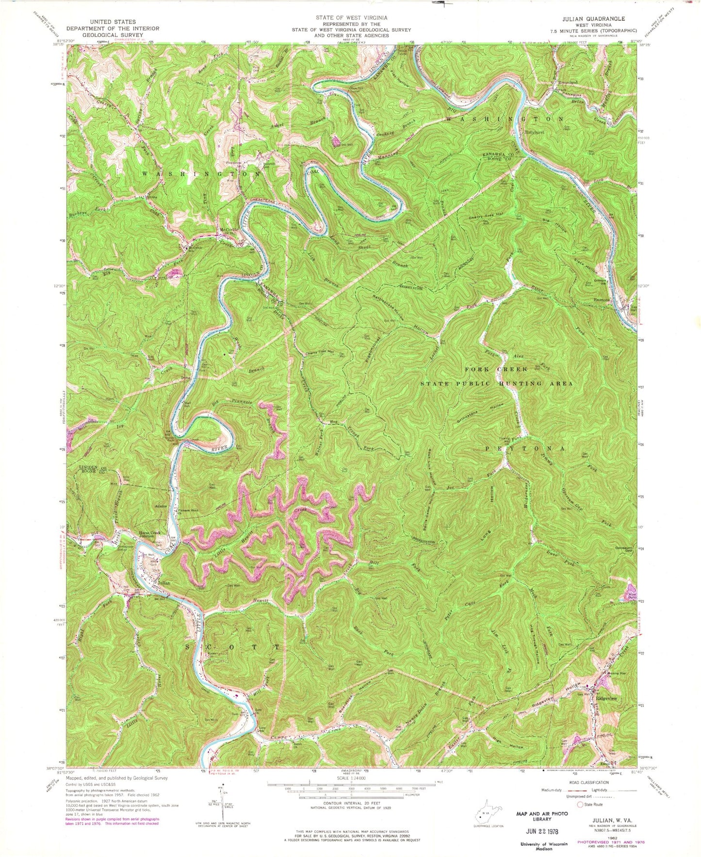 Classic USGS Julian West Virginia 7.5'x7.5' Topo Map Image