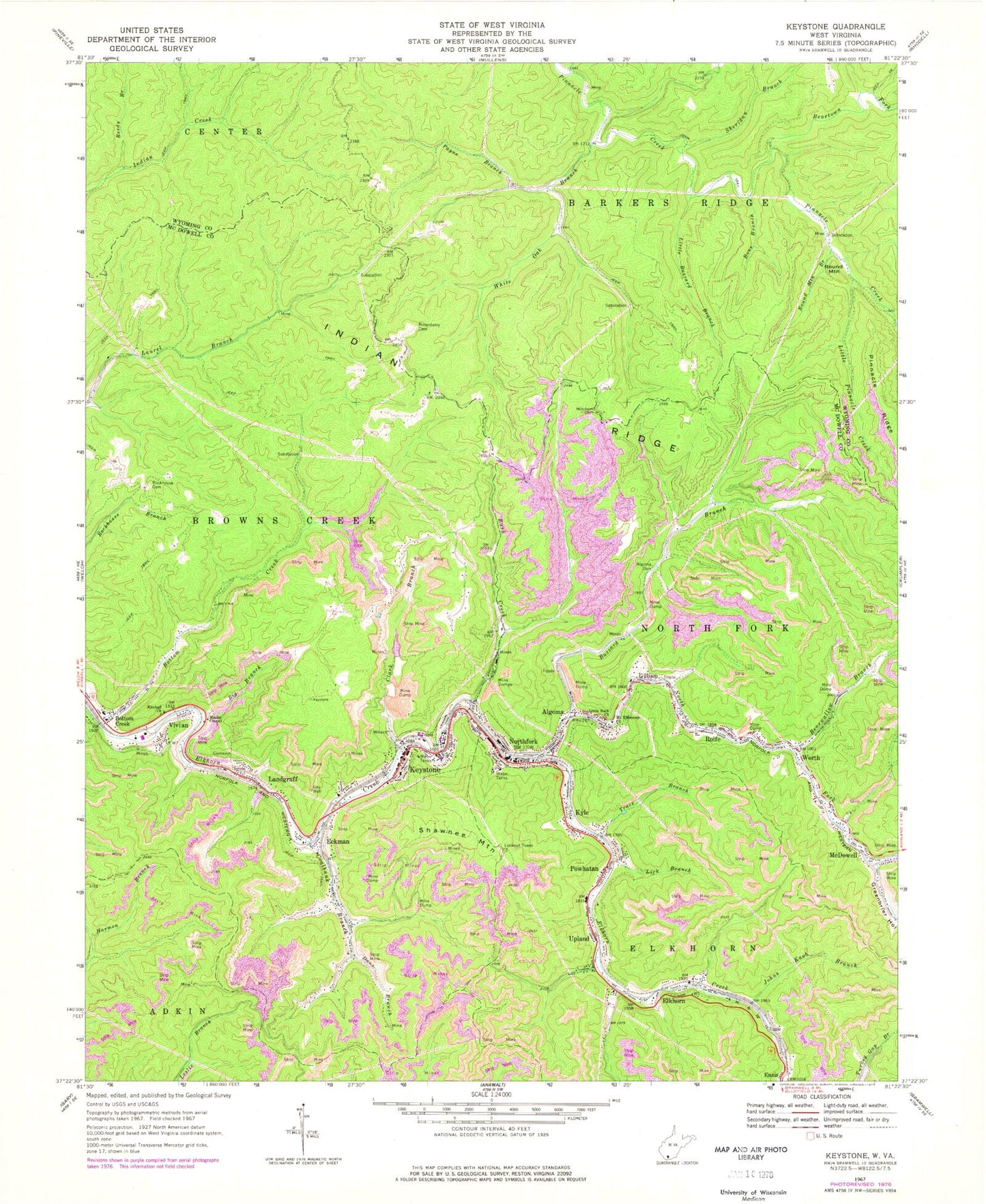 Classic USGS Keystone West Virginia 7.5'x7.5' Topo Map Image