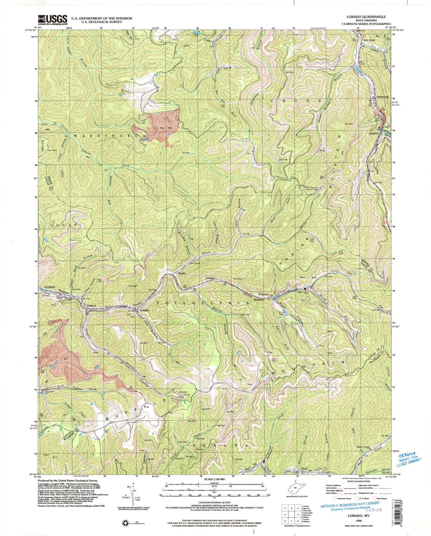 Classic USGS Lorado West Virginia 7.5'x7.5' Topo Map Image