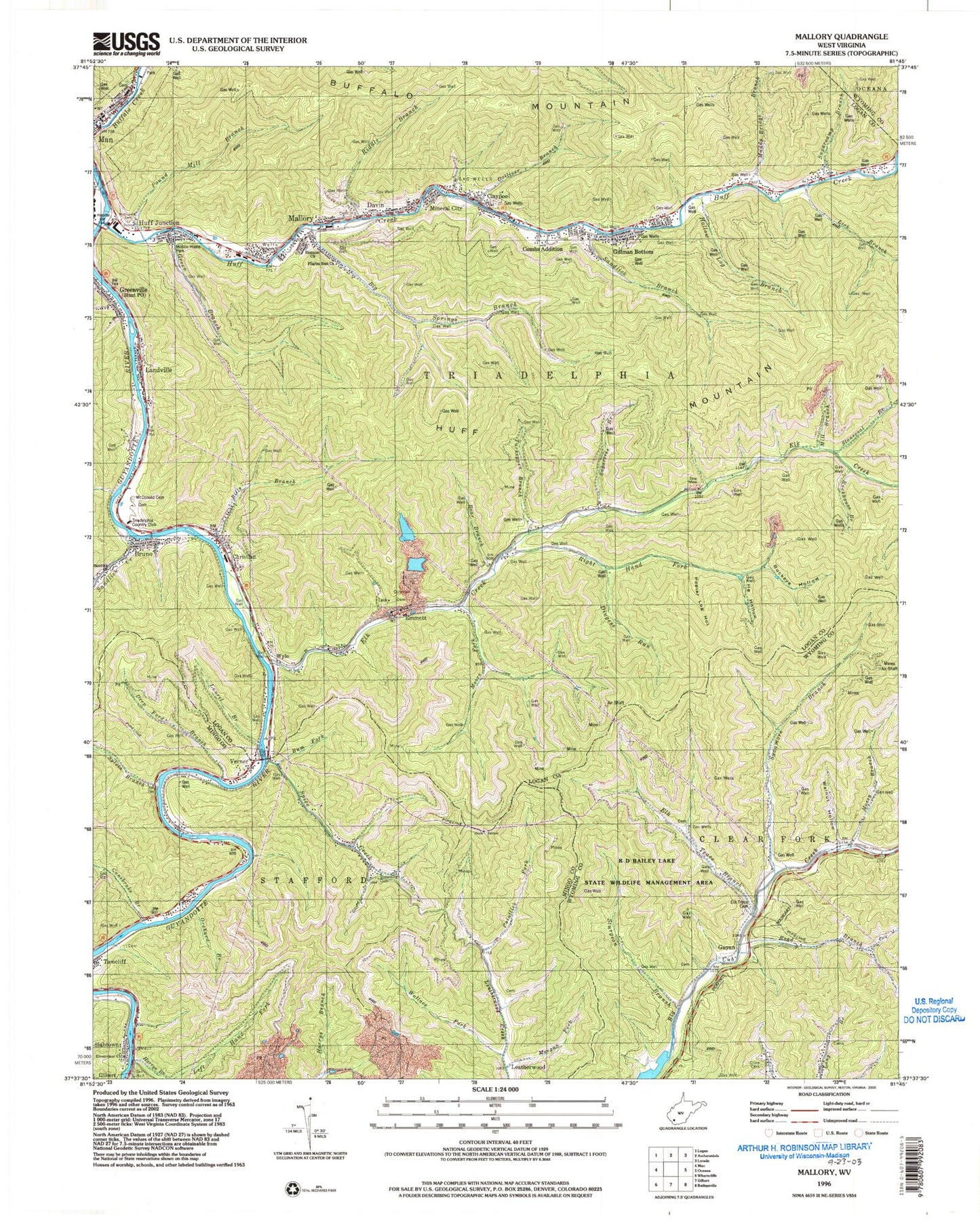 Classic USGS Mallory West Virginia 7.5'x7.5' Topo Map Image