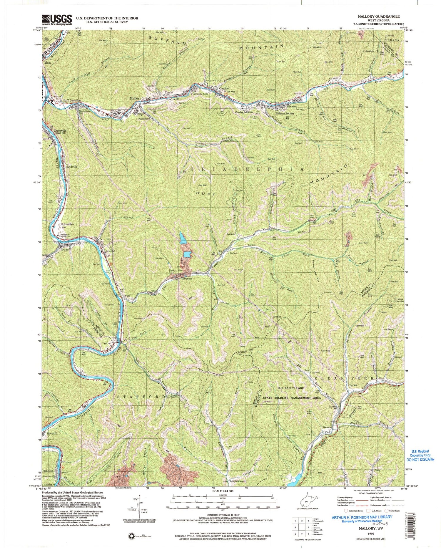 Classic USGS Mallory West Virginia 7.5'x7.5' Topo Map Image