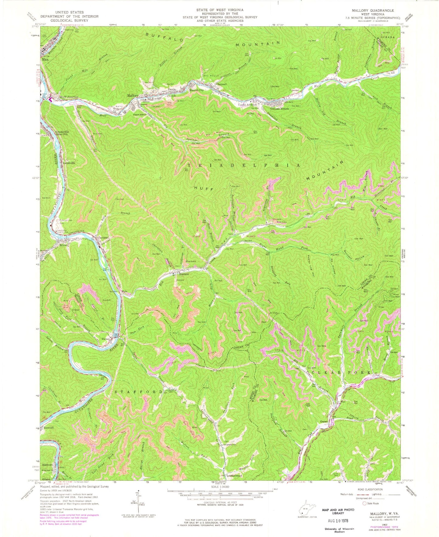 Classic USGS Mallory West Virginia 7.5'x7.5' Topo Map Image