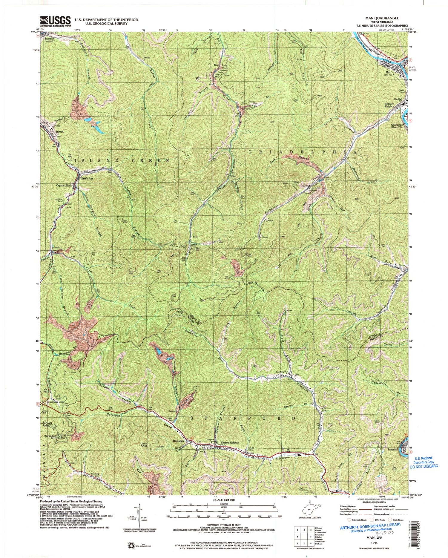 Classic USGS Man West Virginia 7.5'x7.5' Topo Map Image