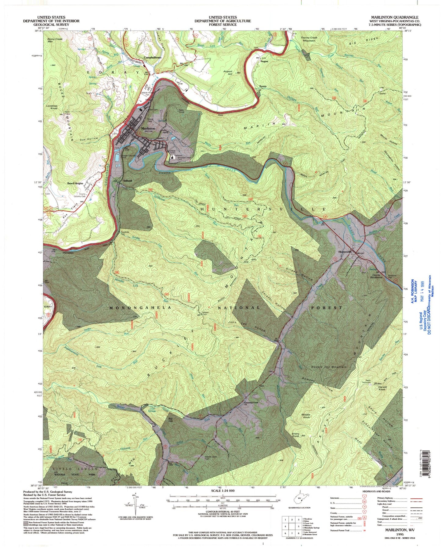 Classic USGS Marlinton West Virginia 7.5'x7.5' Topo Map Image