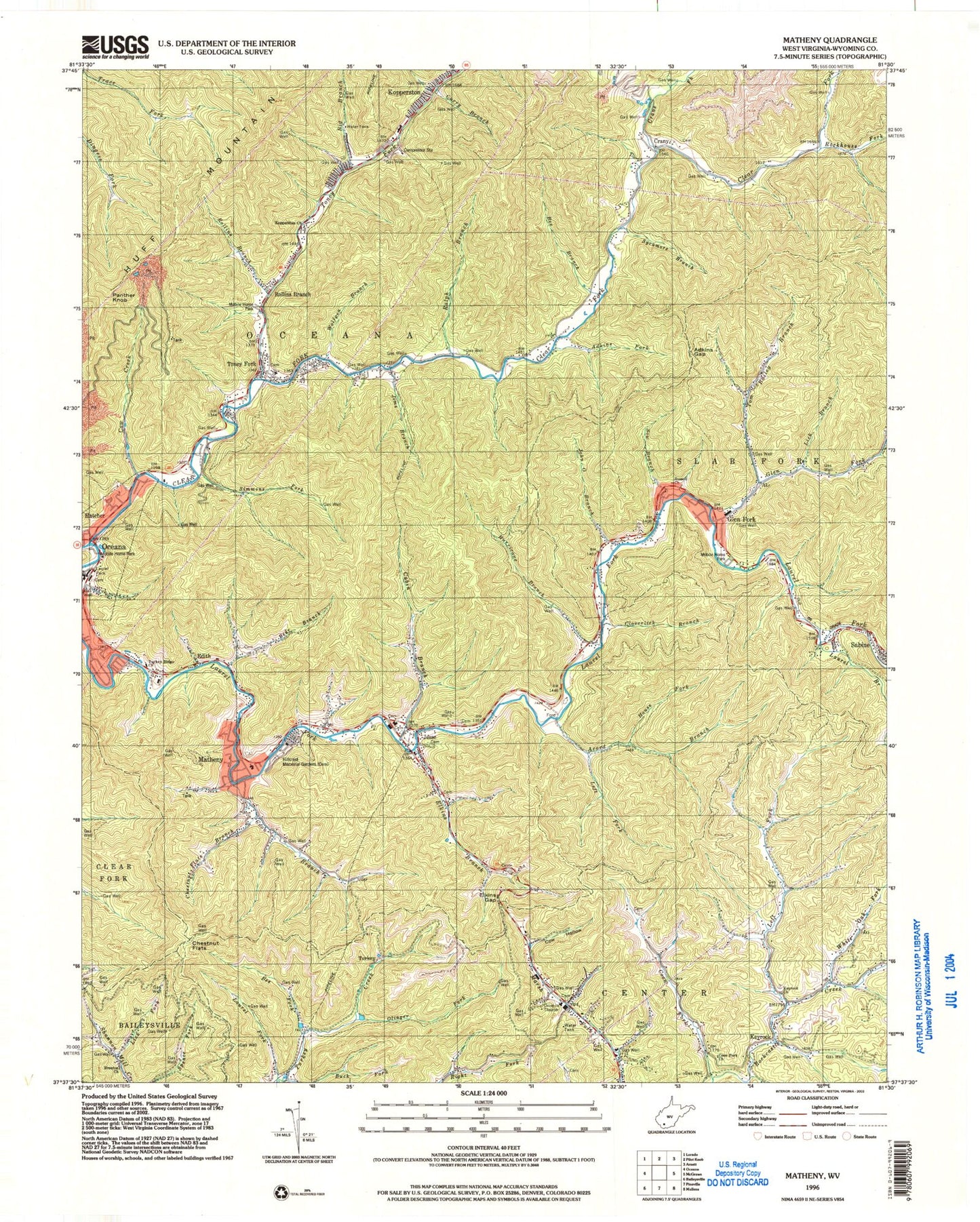 Classic USGS Matheny West Virginia 7.5'x7.5' Topo Map Image
