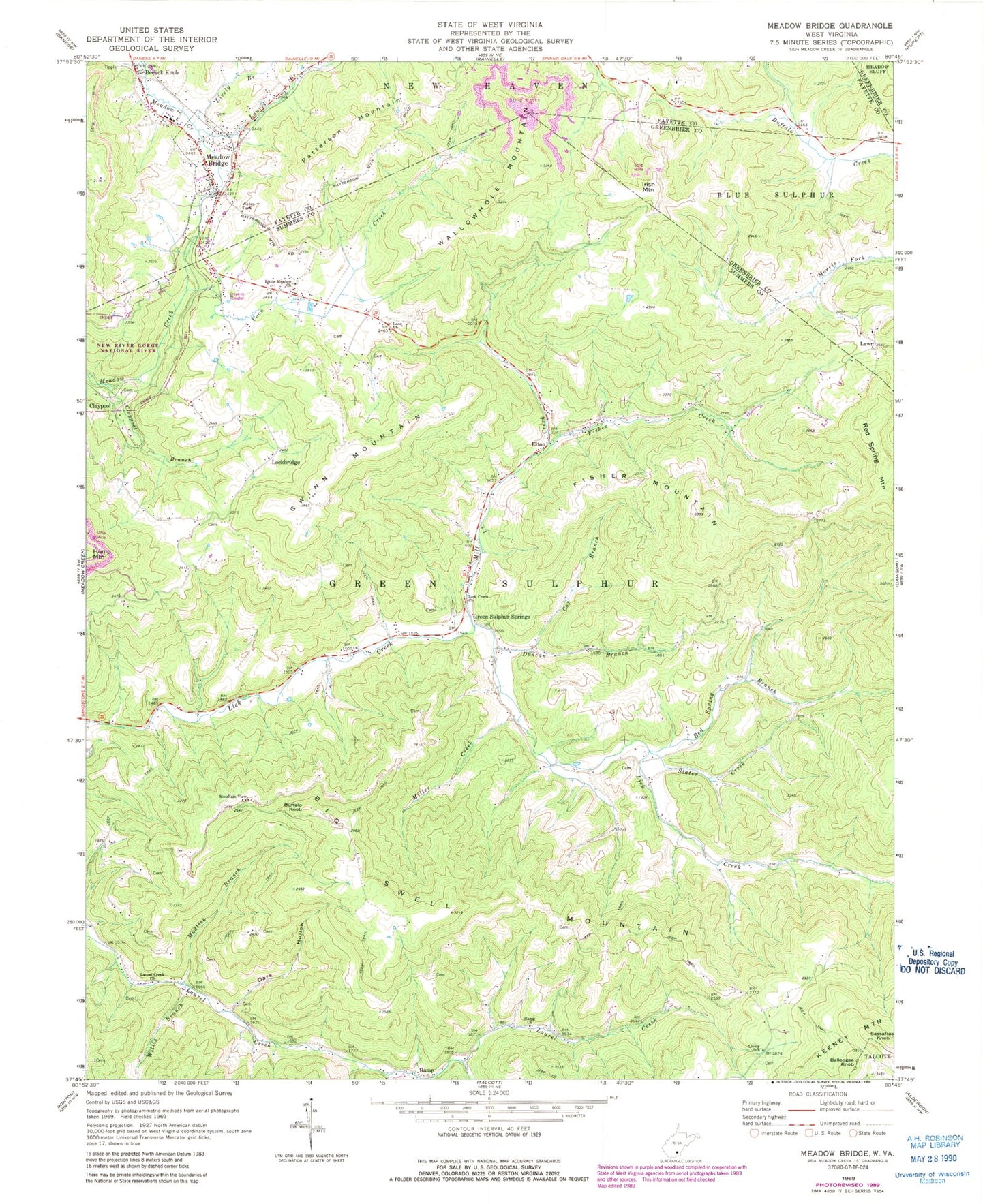 Classic USGS Meadow Bridge West Virginia 7.5'x7.5' Topo Map Image