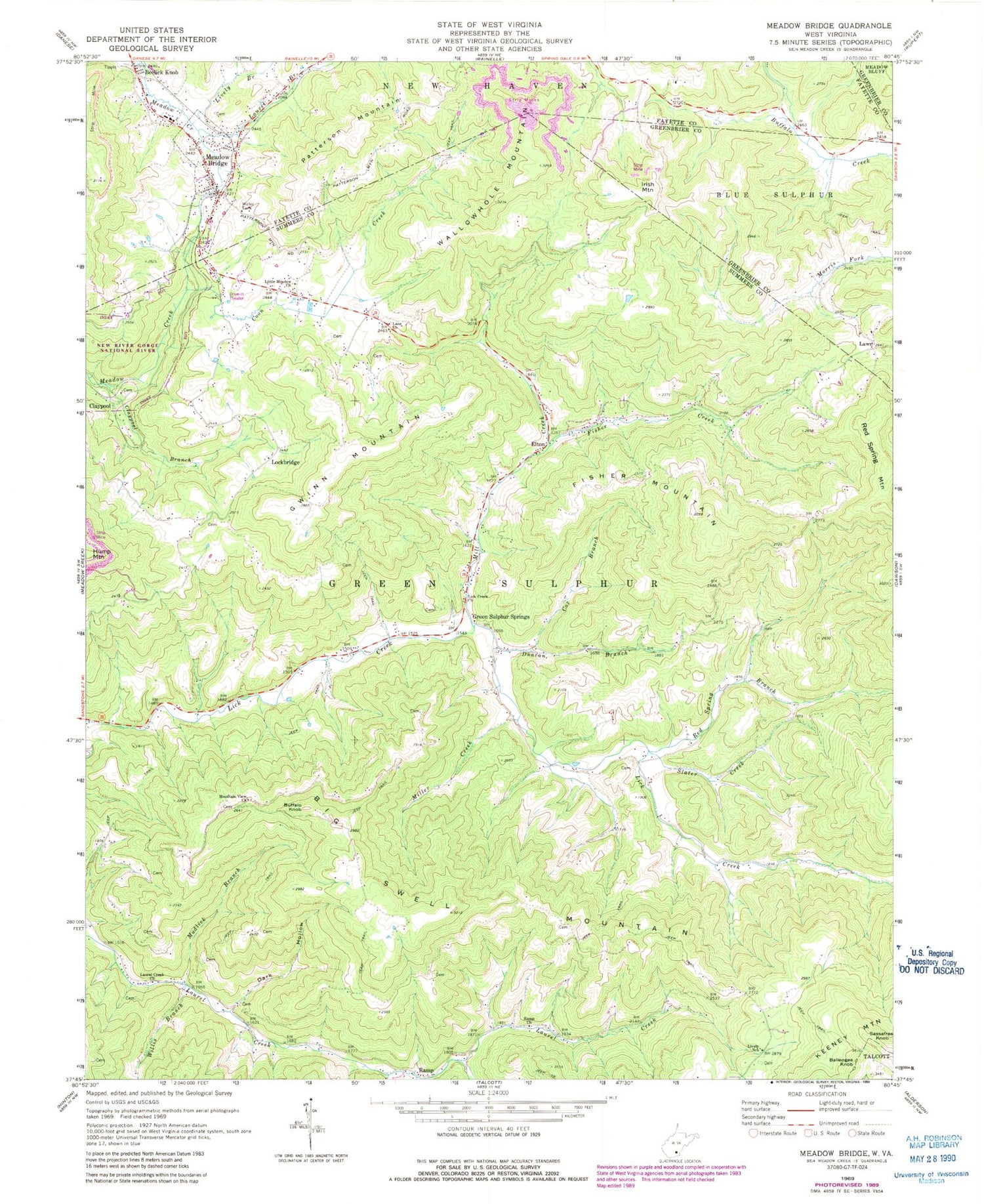 Classic USGS Meadow Bridge West Virginia 7.5'x7.5' Topo Map Image