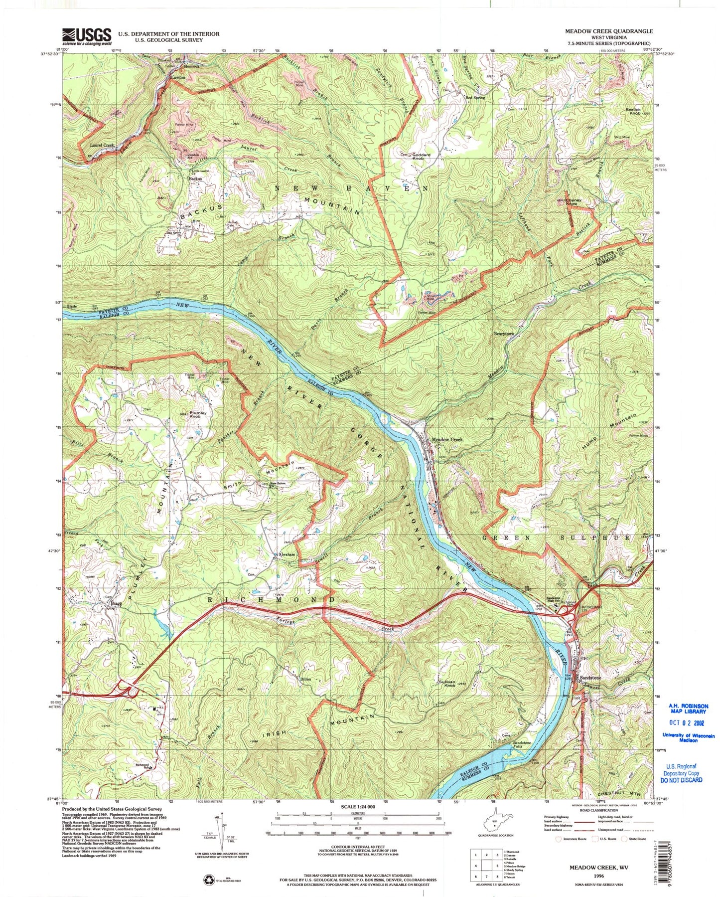 Classic USGS Meadow Creek West Virginia 7.5'x7.5' Topo Map Image