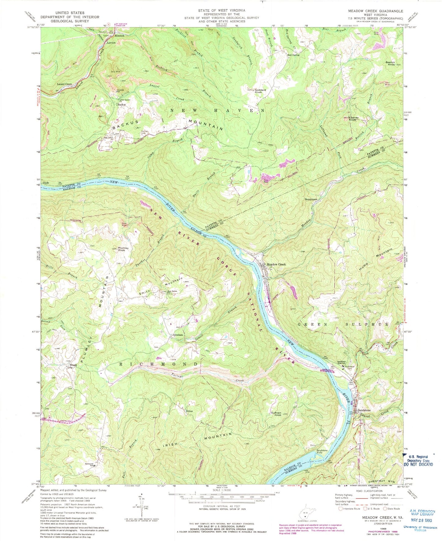 Classic USGS Meadow Creek West Virginia 7.5'x7.5' Topo Map Image
