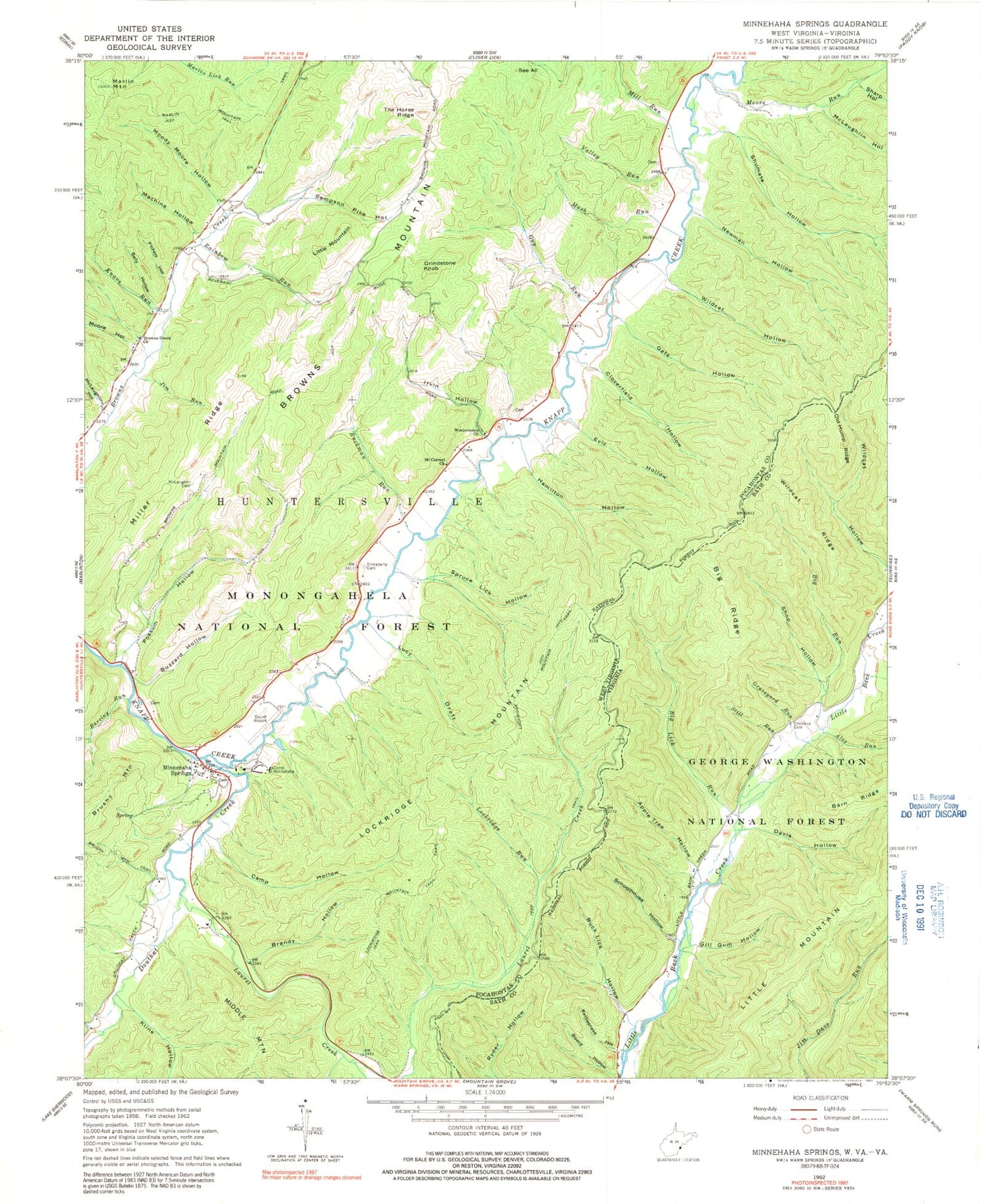 Classic USGS Minnehaha Springs West Virginia 7.5'x7.5' Topo Map Image
