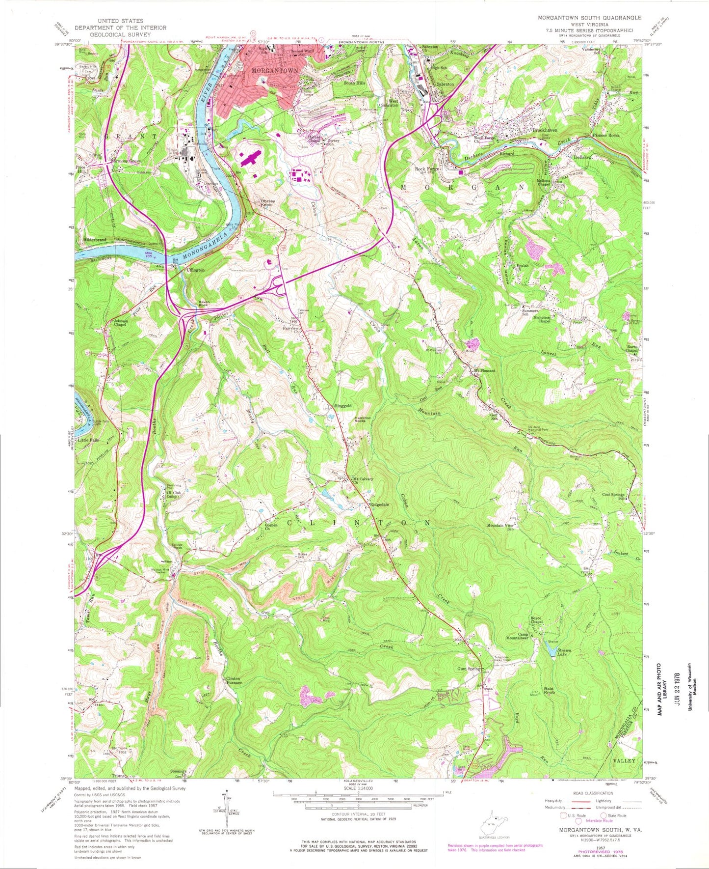 Classic USGS Morgantown South West Virginia 7.5'x7.5' Topo Map Image