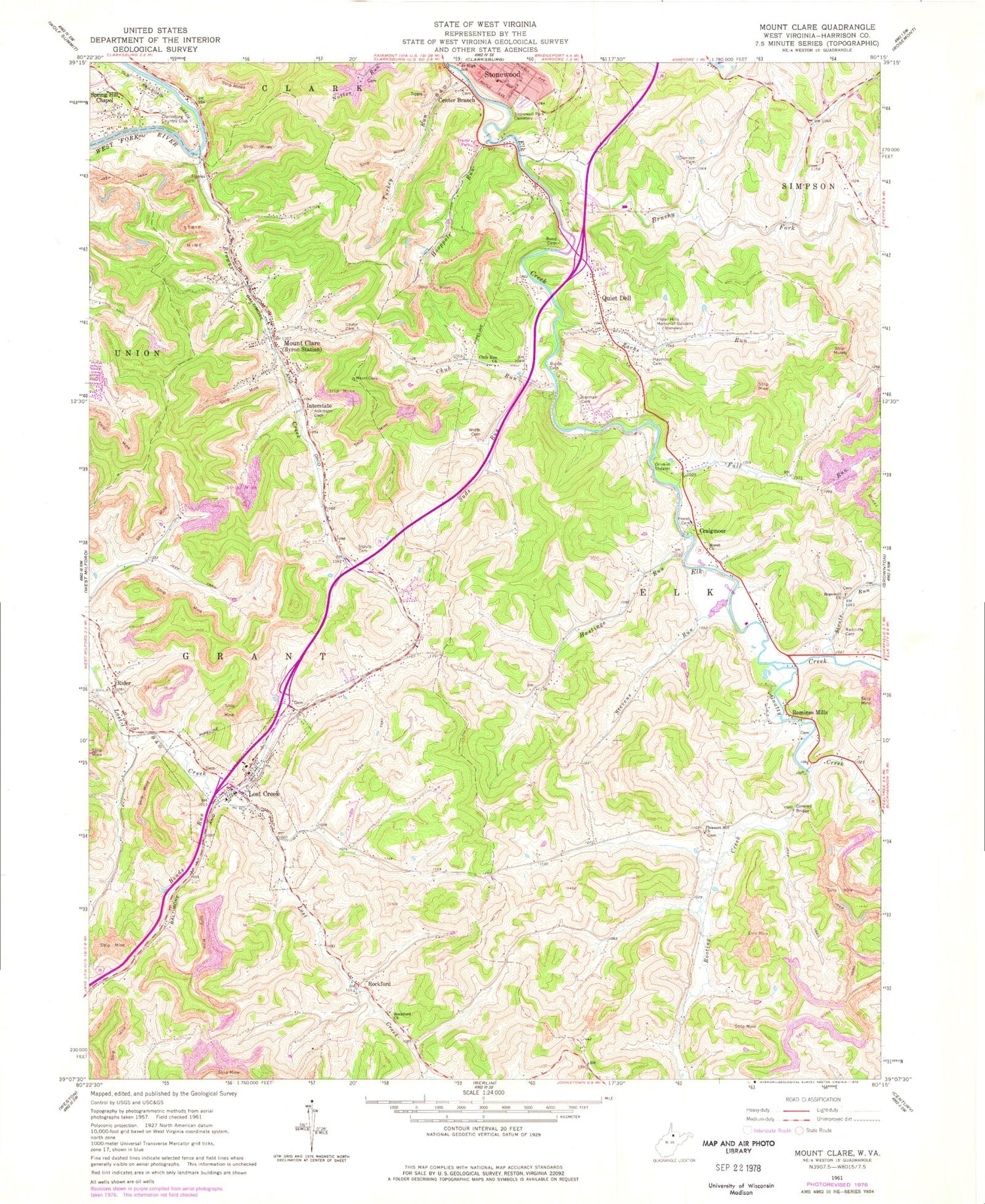 Classic USGS Mount Clare West Virginia 7.5'x7.5' Topo Map Image