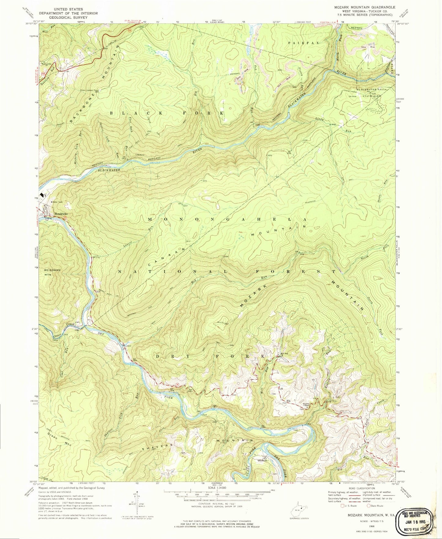 Classic USGS Mozark Mountain West Virginia 7.5'x7.5' Topo Map Image