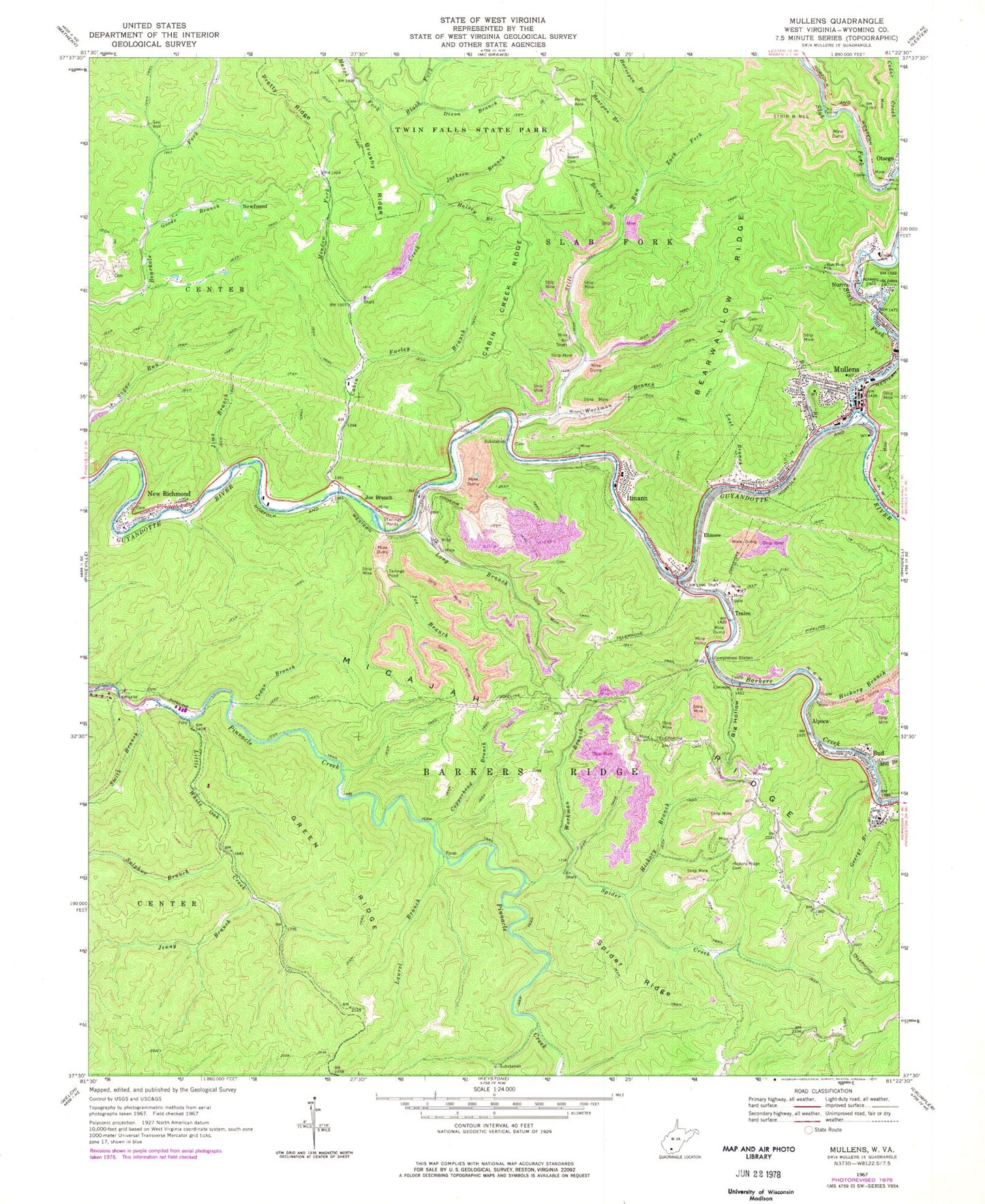 Classic USGS Mullens West Virginia 7.5'x7.5' Topo Map Image