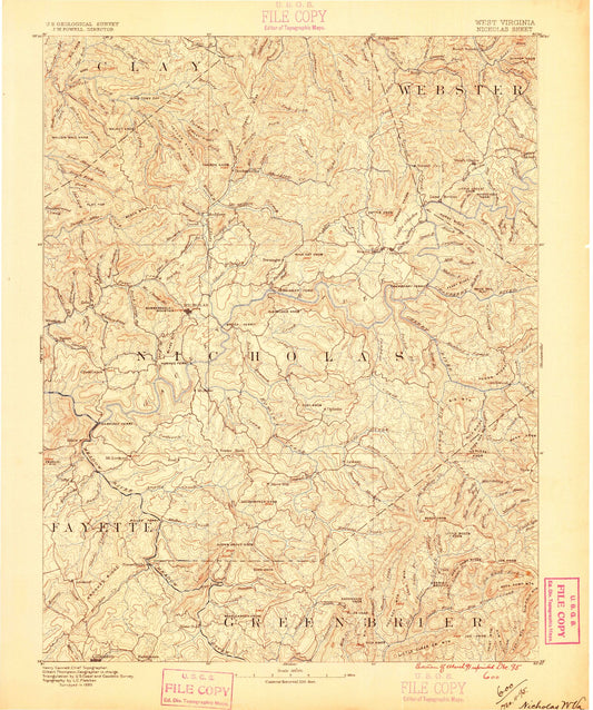 Historic 1889 Nicholas West Virginia 30'x30' Topo Map Image