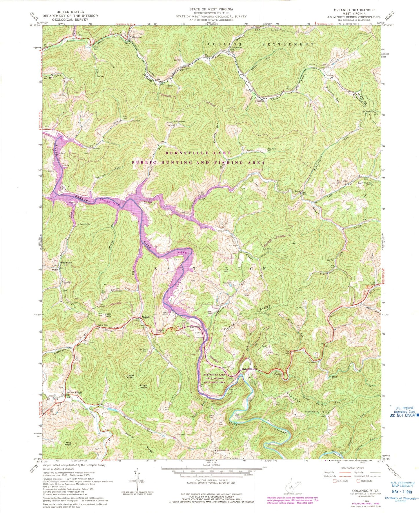 Classic USGS Orlando West Virginia 7.5'x7.5' Topo Map Image
