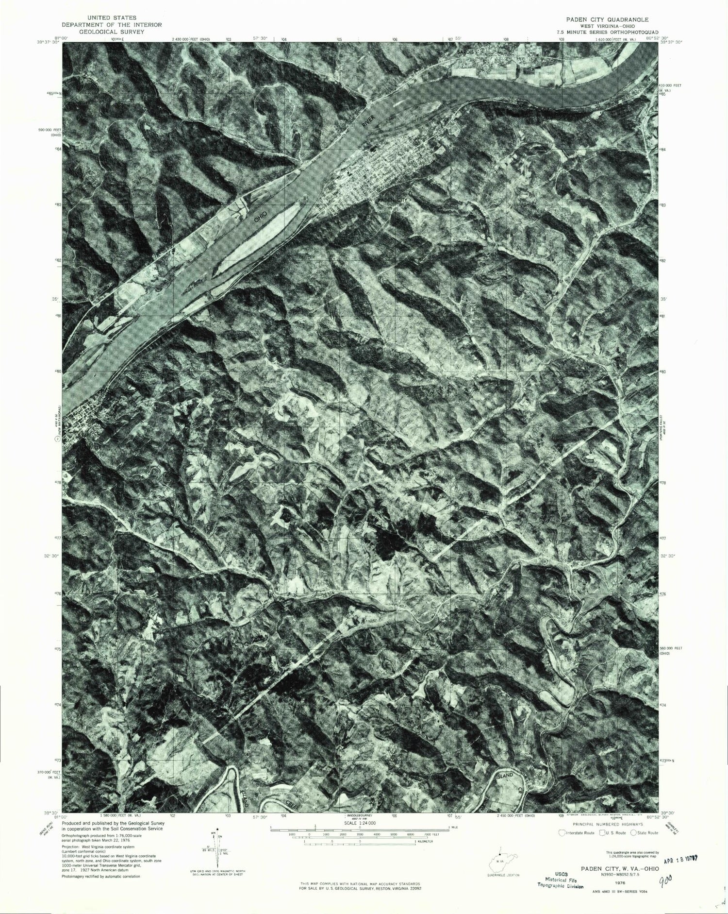 Classic USGS Paden City West Virginia 7.5'x7.5' Topo Map Image